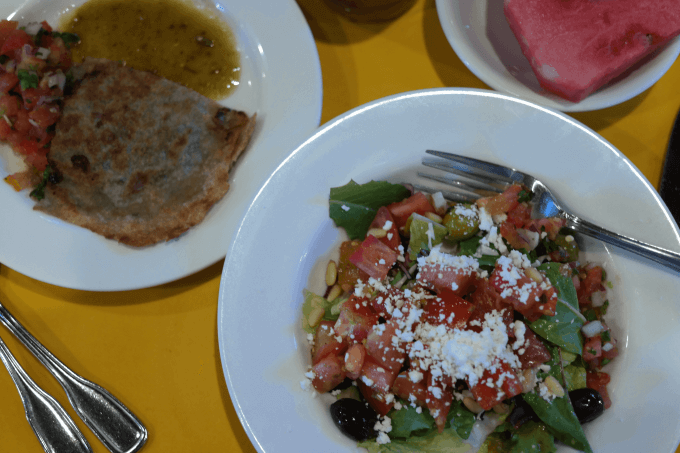 It's lunch time! Salad fresh the garden, with wild mushroom quesadilla.  So good.